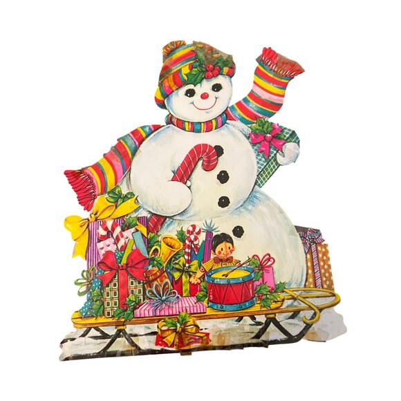 Vintage Christmas Snowman Cardboard Die Cut Cutout Presents Sled Candy Cane - Picture 1 of 4